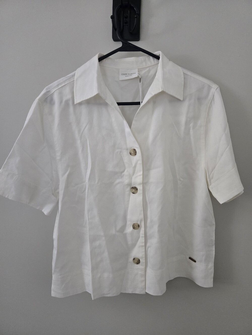 NWT Cozy Earth White Lived-In Linen Short Sleeve Button Down XS Oversized